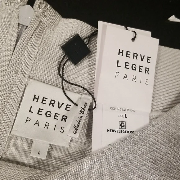 💕HERVE LEGER💕 Criss Cross Foil Bandage Dress ~ Silver Foil Large L NWT - Picture 14 of 16